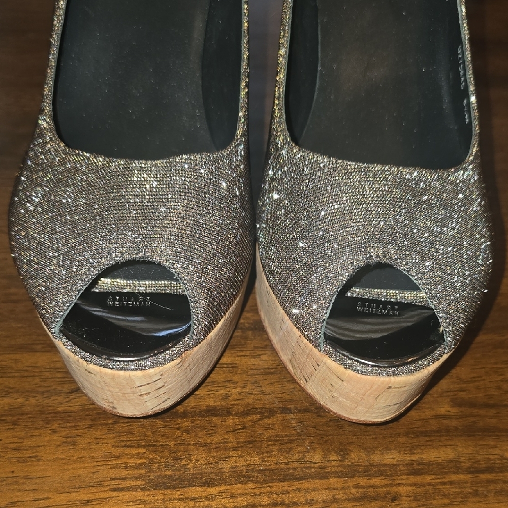 Stuart Weitzman Anna Corkswoon Glitter Wedge Heel Peep-Toe Pump Pyrite 8.5 - Picture 3 of 8